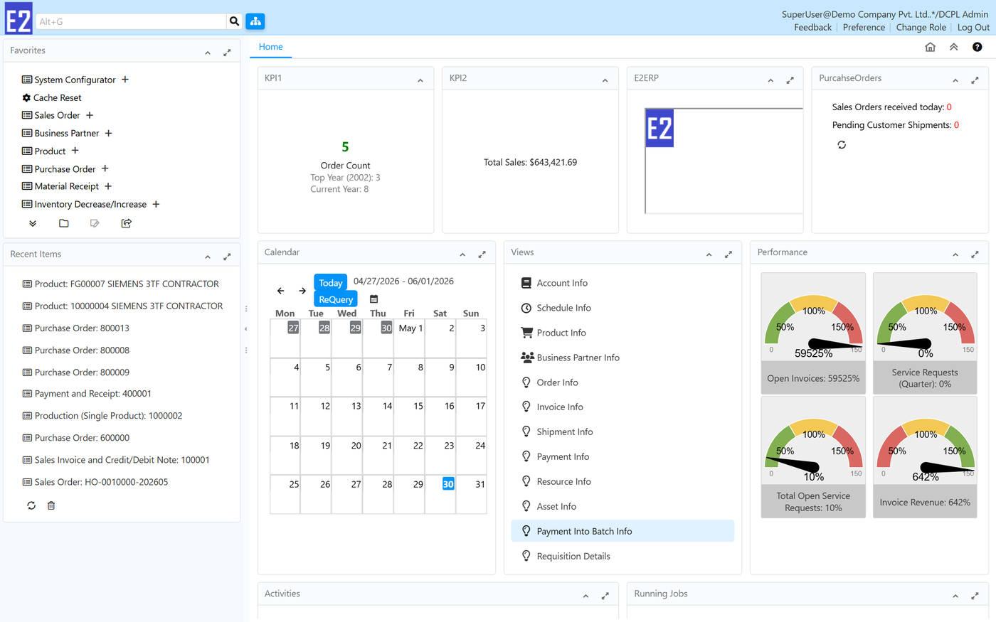 E2 ERP dashboard with KPIs and live business metrics