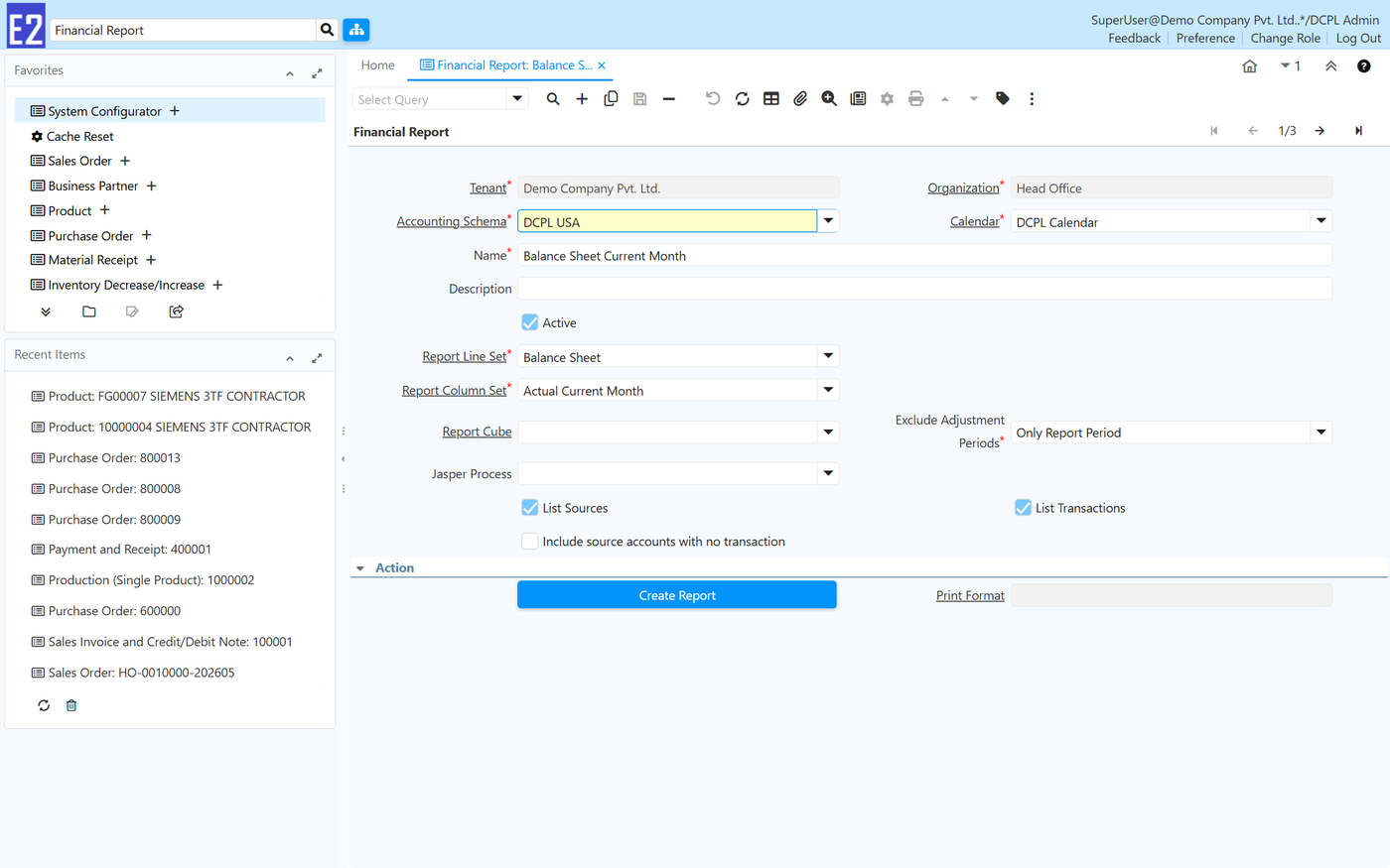 E2 ERP financial reporting screen