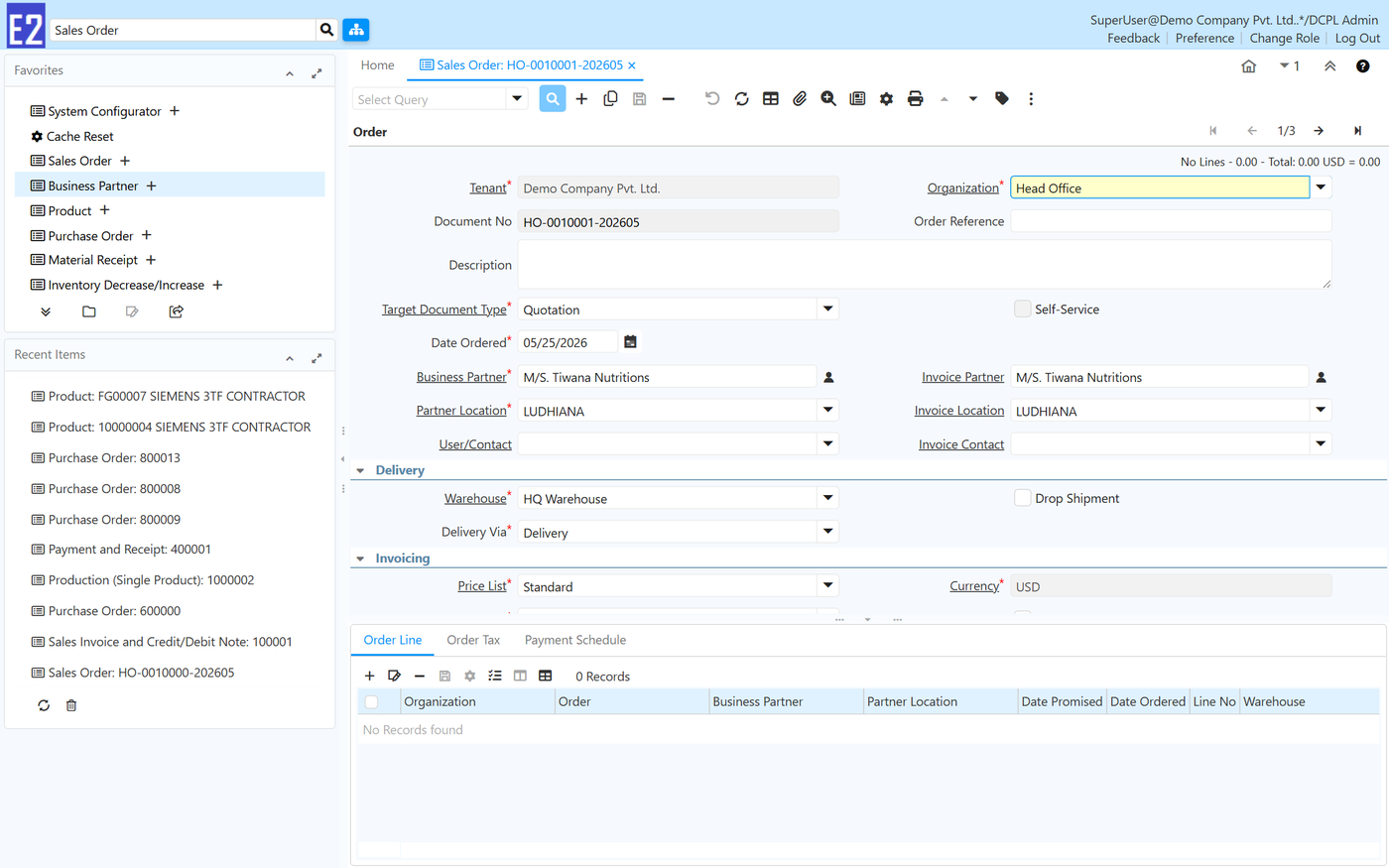 E2 ERP sales order screen